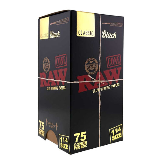 RAWthentic Backrolled Prerolled Cones | Black | Kingsize | 1 1/4 Size | 75ct Box | Mini Tower
