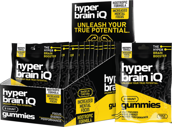 Hyper brain iQ Focus Gummies 8 Counts Per Bag 12 Bags in a Display Box or 30 Counts Per Bottle
