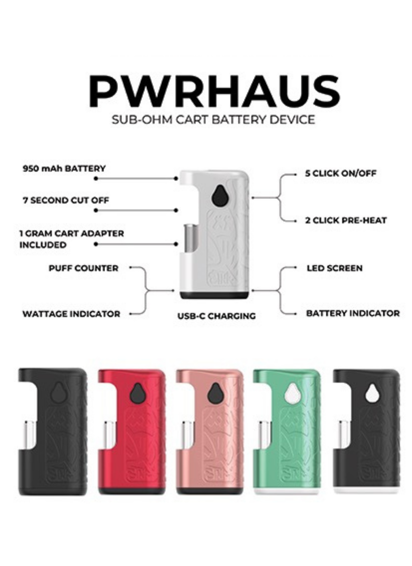 STNR PWRHAUS SUb-Ohm 510T 950mAh Cart Battery