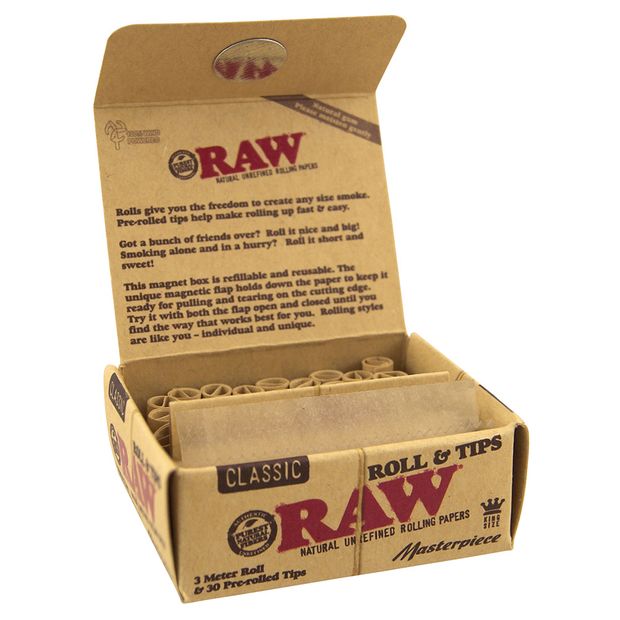 RAWthentic MASTERPIECE CLASSIC ROLLS & TIPS, 3 METERS KING SIZE ROLL + 30 PRE-ROLLED TIPS