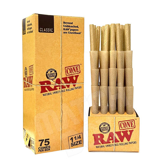RAWthentic Prerolled Cones |Classic |1-1/4 | 75ct Box | Mini Tower