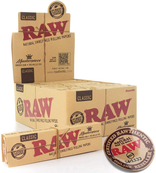 RAWthentic Masterpiece 1 1/4 Classic Rolling Paper with Re-Usable Pre-Rolled Tips | 24 Packs