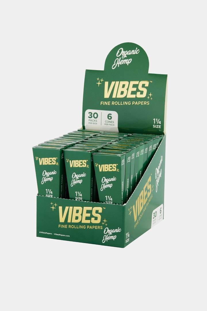 VIBES King Size & 1-1/4" Cones Box - Organic Hemp, Ultra Thin, Rice, or Hemp