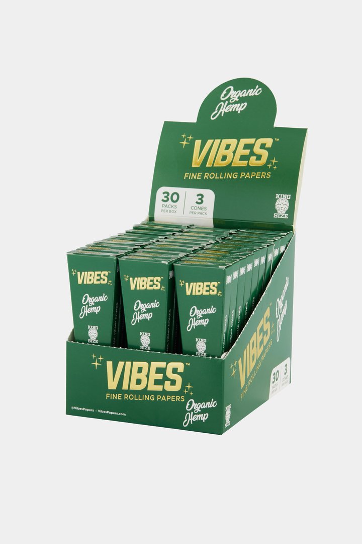 VIBES King Size & 1-1/4" Cones Box - Organic Hemp, Ultra Thin, Rice, or Hemp